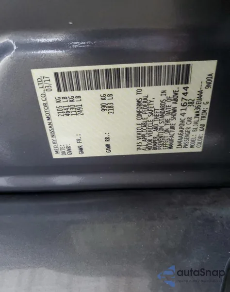 2017 Nissan Maxima 3.5S z USA, uszkodzony, nr VIN 1N4AA6AP0HC416744